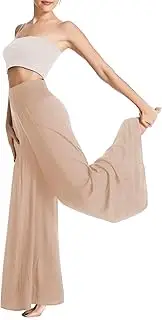 [DONGDAOZHU] Women's Flowy Wide Leg Palazzo Pants, Loose Elastic High Waisted Beach Casual Culottes, Khaki (28'' Inseam), X-Large