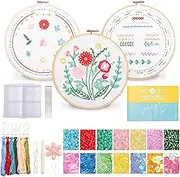HTVRONT Bead Embroidery Kit for Beginners 3 Sets Bling Bling Bead Embroidery Kit with Step by Step Stitch Video & Instructions, Three-Dimensional Starter Embroidery Set with 19 Stitches for Gift