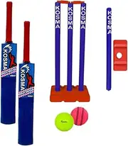 Kosma 2 Player Kwik Cricket Set with bag | 2 Cricket Bats No 2 (26”) & No 3 (28”) | 2 x Wind Balls | Wicket set with Bails & Stand | Target Stump with stand | Red & Royal Blue Colour