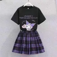 在飛比找蝦皮購物優惠-庫洛米 格子裙 學院風休閒女童洋裝夏季新款女生庫洛米短袖上衣