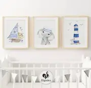 Nursery Wall Art Prints Nautical, Safari Animals, Boat, Elephant set of three