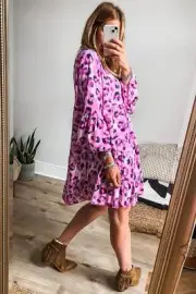 Rose Leopard Print Buttoned Front 3/4 Sleeve Tiered Ruffled Hem Dress
