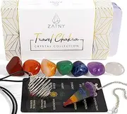 ZATNY Travel Chakra Crystals and Healing Stones Collection - 7 Chakra Set Tumbled Stones, Chakra Pendulum, Interchangeable Cage Necklace, Reference Card, Portable Case, Ebook