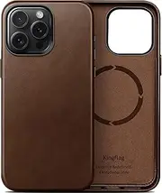 [kingflag] Genuine Leather Case for iPhone 15 Pro Max 6.7 inch, Oil Wax Top-Grain Leather, Compatible with MagSafe, Metal Buttons and Camera Bezel (Rustic Brown)