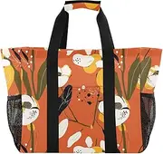 [sanluoli] Tote Collapsable Large Beach Bag Sandproof Canvas Tote Bag For Car, Abstract Art Illustrations Flowers Orange, 1 size