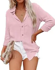 [ZAAYO] Pink Button Down Shirt for Women Long Sleeve Casual Linen Cotton Blouse Tops Office Clothing, Pink, Medium