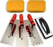 Tile Tools Stainless Steel Square Notch Trowel Set Plus Rubber Grout Float and Grout Sponge for Tiling Installation Grouting