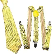 [ESOMAVRIX] Fashionable Suspenders Neck Tie Set Sequins Brace with Adjustable Straps and Metal Clip for Formal Occasion Stage Shows/671