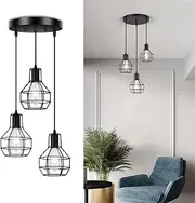 Farmhouse 3-Light Pendant Light Fixtures, Adjustable Industrial Hanging Pendant Lighting for Kitchen Island, Vintage Black Metal Cage Pendant Ceiling Lamp for Dining Room Bedroom