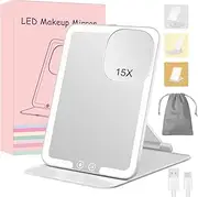 Rechargeable Travel Makeup Mirror with 15x Magnification, Foldable Lighted Cosmetic Mirror with Adjustable Stand, 3 Color Lighting, Dimmable Touch Screen