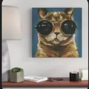 12 X 12 Cool Cat Illustration Blue Print Mounted CANVAS WALL ART Square Picture