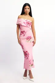 Pink Floral Bodycon Dress One Shoulder Mesh - Size 16XL, Women's Bodycon Dress