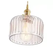 Pendant Light with Clear Striped Glass Lmapshade, Brass Vintage Pendant Light