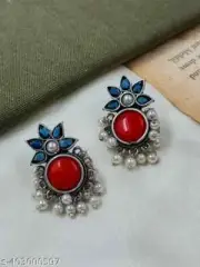 "Ethnic Silver Plated Earrings with Red Stone & Pearl Beads – Traditional Studs