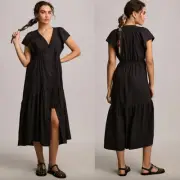 Anthropologie Black The Reneé Flutter-Sleeve Linen Button-Front Midi Dress NWT