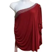 Torrid One Shoulder Top Red Sequin Beaded Ruched Side Split Sleeve 1X NWT
