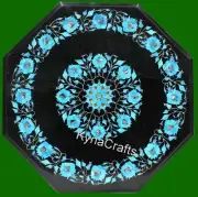 Octagon Black Marble Coffee Table Top Turquoise Stone Inlay Work Center Table