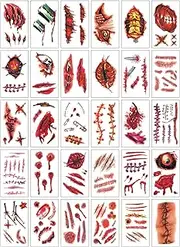 ZWYYTHC 30 Sheets Halloween Zombie Temporary Tattoos, Waterproof Realistic Wound Stitch Face Body Makeup Sticker, Fake Scars Blood Tattoos for Zombie Makeup SFX Cosplay Kids Men Women