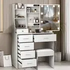 Dressing Table w/ Sliding Mirror Stool Set Vanity Makeup Desk Organizer Drawer