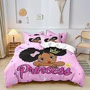 Cute Black Girl Duvet Cover Set- Full Size, African American Little Girls Comforter Cover Set, Crown Princess Bow Bedding Set for Birthday Gift or Kawaii Bedroom Decor (1 Duvet Cover + 2 Pillowcase)