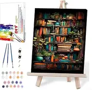 Bookshelf Love Stone Paint by Numbers for Adults with Framed Canvas-with Wooden Easel,Paint by Number on Canvas,DIY Acrylic Oil Painting Kits with Brushes Nice Gift Box for Home Wall Decor(12x16 Inch)