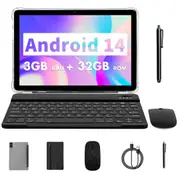 Android 14 Tablet 10 Inch Octa Core 3GB RAM 32GB ROM Expand To 1TB 6000mAh Battery HD Screen Keyboard Mouse Writing PEN Included Color White