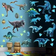Dinosaurs Wall Decals Glow in The Dark Dinosaur Wall Stickers Removable Tyrannosaurus Wall Decor Dinosaur Eggs and Paw Print Wall Mural for Kids Nursery Living Room Bedroom Classroom Home Decoration