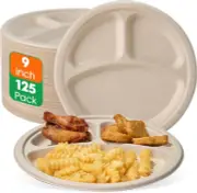ECOLipak 125 Pack Compostable 3 Compartment Plates, 8.85 inch Heavy-Duty Disposa