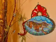 Colorful Tiger Handmade Wall Hanging: painted wood slice macrame tibetan