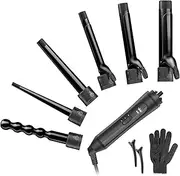 Curling Iron, 6-in-1 Curling Wands, Hair Curling Wands for Long Short Hair PTC Ceramic Curling Tongs with Adjustable Temperature Dual Voltage with Glove & 2 Clips
