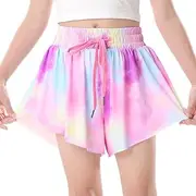 [Play Tailor] Butterfly Shorts Girls Flowy Athletic Short 2 in 1 Cheer Shorts with Pocket Drawstring for Running Dance Tennis