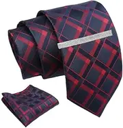 [AXLON] Blue Geometric Checkered Tie For Men – Formal Ties Set With Pocket Square & Tie Pin Clip For Mens, Silk Neckties Gift Sets For Men’s (AXNW16), Blue, Free Size