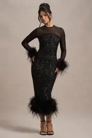 Afterglow | Black Sequin Long-Sleeve Midi Dress With Feather Trims