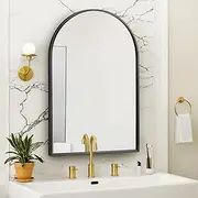 Arched Wall Mirror 90x60cm Arch Bathroom Mirror Wall Mounted Vanity Mirror with Arch Metal Frame Modern Bathroom Vanity Mirror for Bedroom Living Room Hanging or Leaning Black