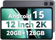 Android 15 Tablet 12 inch Tablet with 2000x1200 2K Display, 20GB RAM 128GB ROM 2TB Expand, T615 Octa-Core Processor, 8000mAh, Widevine L1, GPS, BT5.2, WiFi 5, MP Dual Camera (Black)
