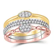 10kt Tri-Tone Gold Round Diamond 3-Piece Stackable Band Ring Set 1/2 Cttw