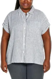 Orvis Tops for Womens Linen Blend Short Sleeve Shirts, Blue Stripe, XXL