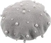 [Baluue] Vintage Pearl Beret Hat for Women Handmade Wool Beanie for Fall Accessory for Daily Wear Special Occasions Comfortable Fit Light Grey