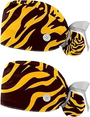 [YTYVAGT] 2-Pc,Nurse Scrub Caps,Scrub Hats with Buttons and Cotton Sweatband,Animal Tiger Print Pattern