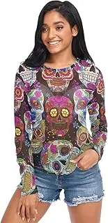 [RPLIFE] Colorful Sugar Skulls Black Mesh Shirt Long Sleeve, Sheer Sleeve Top S-XXL