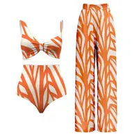 在飛比找蝦皮購物優惠-WHL2023歐美新款三件式沙灘泳衣/時尚分體泳裝條紋印花罩