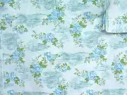 BLUE ROSE Cotton SHEET plus 2 PILLOWCASES Double RETRO VINTAGE FABRIC