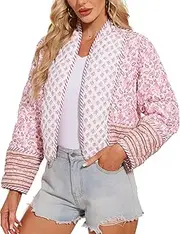[Wyeysyt] Women's Cropped Puffer Jacket Lightweight Floral Print Long Sleeve Padded Quilted Puffy Cardigan Coat
