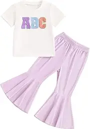 [YOKJZJD] 2Pcs Toddler Baby Girl Back To School Outfit ABC T-Shirt Bell Bottom Pants Set Summer First Day of School Clothes