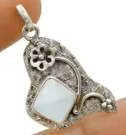 Natural Aquamarine Chalcedony 925 Sterling Silver Pendant 1 2/3" Long @B6-4