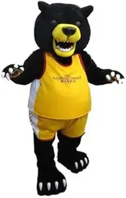 SpotSound Amazon mascot big black and yellow bear, in sportswear