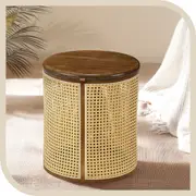 Furb Coffee Table Round Side Table with Storage & Natural Cane Webbing Rattan Sofa Tea Table 40CM