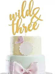 Wild Three Birthday Cake Topper - Gold Glitter Happy 3rd Birthday Cake Decoration, Boys Girls Third Birthday Anniversary Party Decoration Supplies