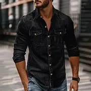 Men's Shirt Chambray Shirt Calico Shirt Button Up Shirt Casual Shirt Denim Shirt Denim Blue Black Dark Navy Blue Long Sleeve Plain Collar Daily Vacation Clothi
