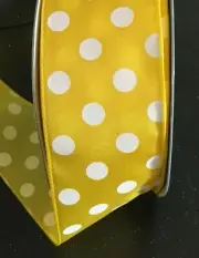 5 Yds. YELLOW with WHITE DOTS WIRE EDGE RIBBON 2 1/2" Wide